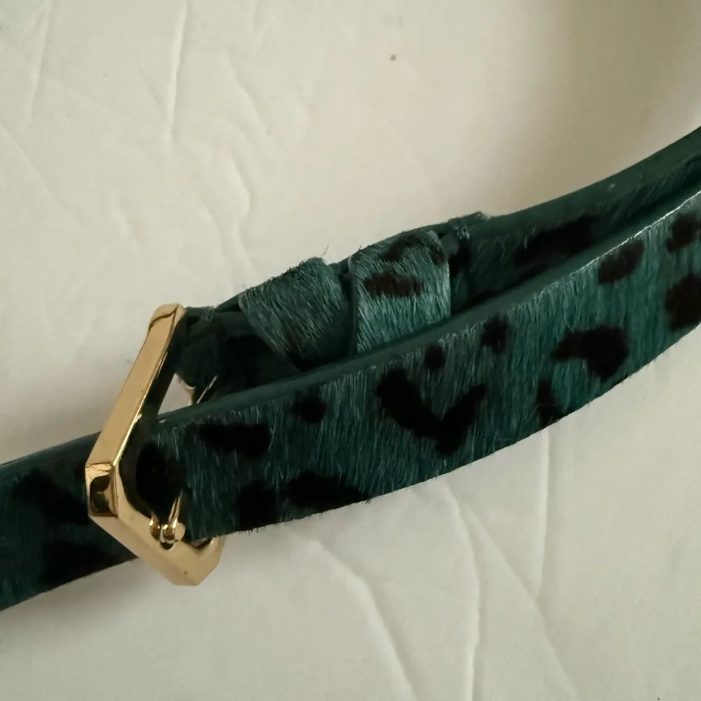 Teal Leather Belt with Gold Buckle and Textured Design